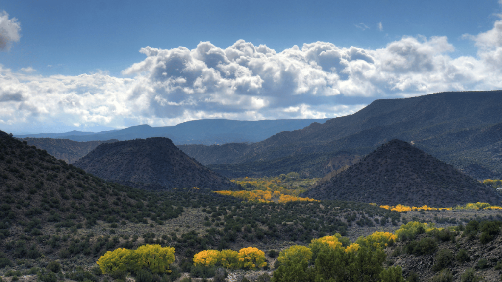 Fall trees and hills running through embudo new mexico.